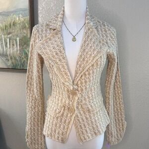 Textured Crochet‎ Knit Blazer – Cream Beige